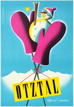 Original Vintage Winter Sport Travel Poster Otztal Tyrol Austria Skiing Snowman