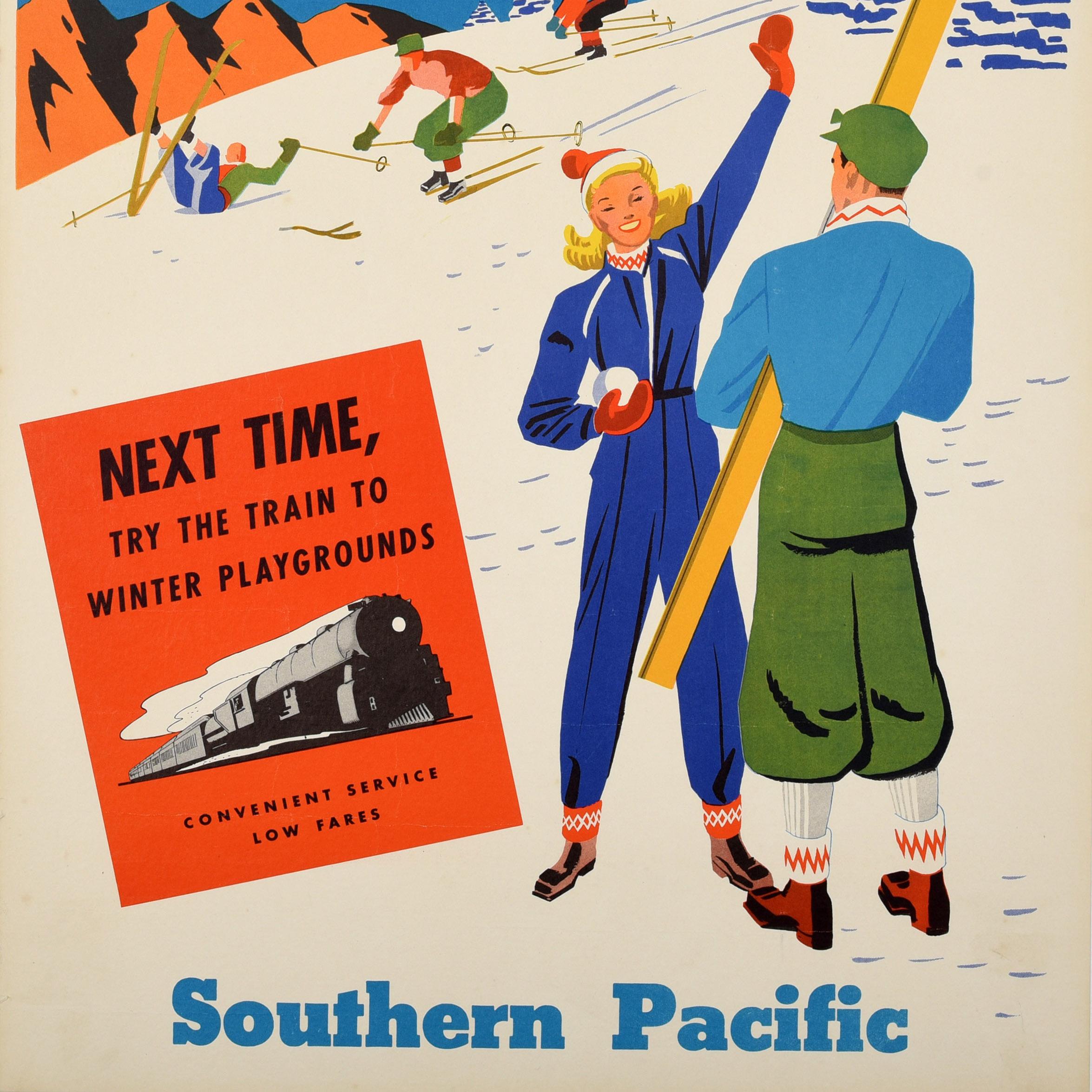Original vintage ski and winter sport travel poster issued by Southern Pacific - Play in the Snow - featuring a fun and colourful design depicting a smiling lady holding a snowball and waving to the viewer next to a man holding a pair of skis in