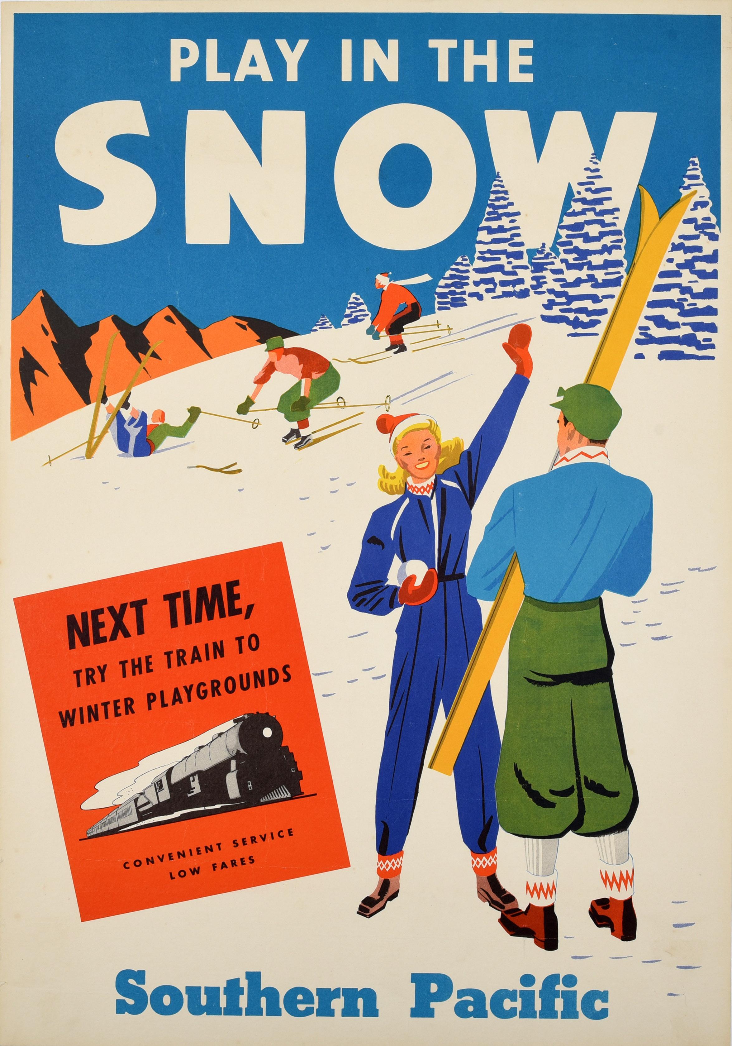 Unknown Print - Original Vintage Winter Sport Travel Poster Play In The Snow Southern Pacific