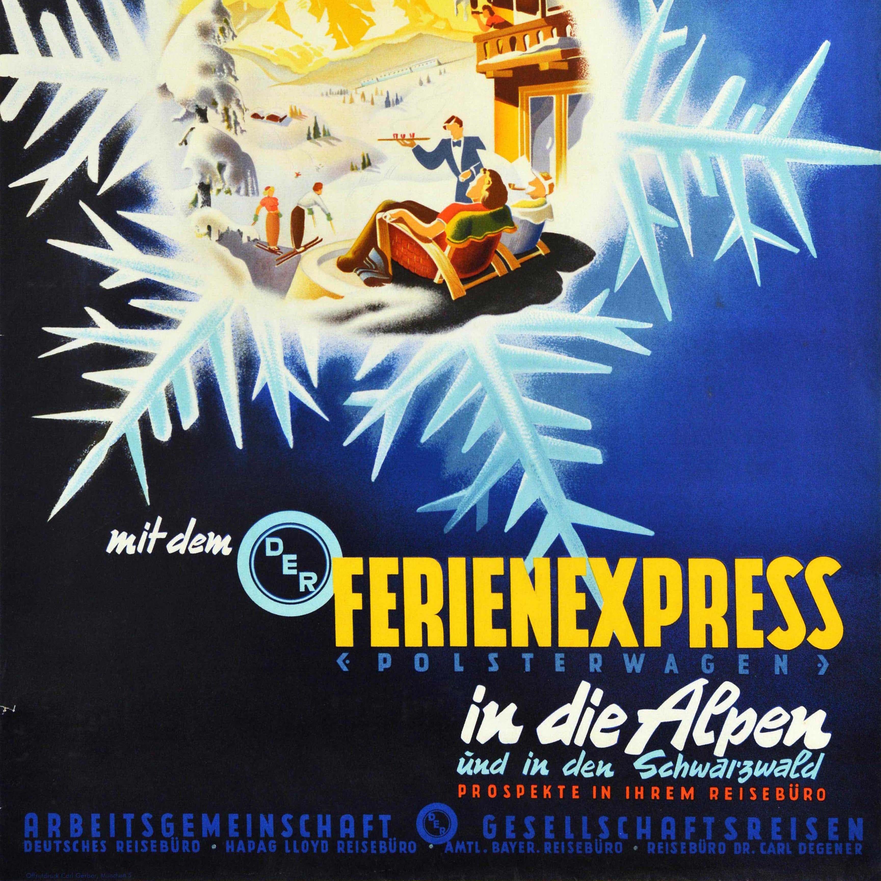 Poster originale d'epoca per gli sport invernali e lo sci - mit der Ferienexpress Polsterwagen in die Alpen und in den Schwarzwald / in carrozza imbottita Holiday Express verso le Alpi e la Black Forest - con un grande disegno che raffigura una