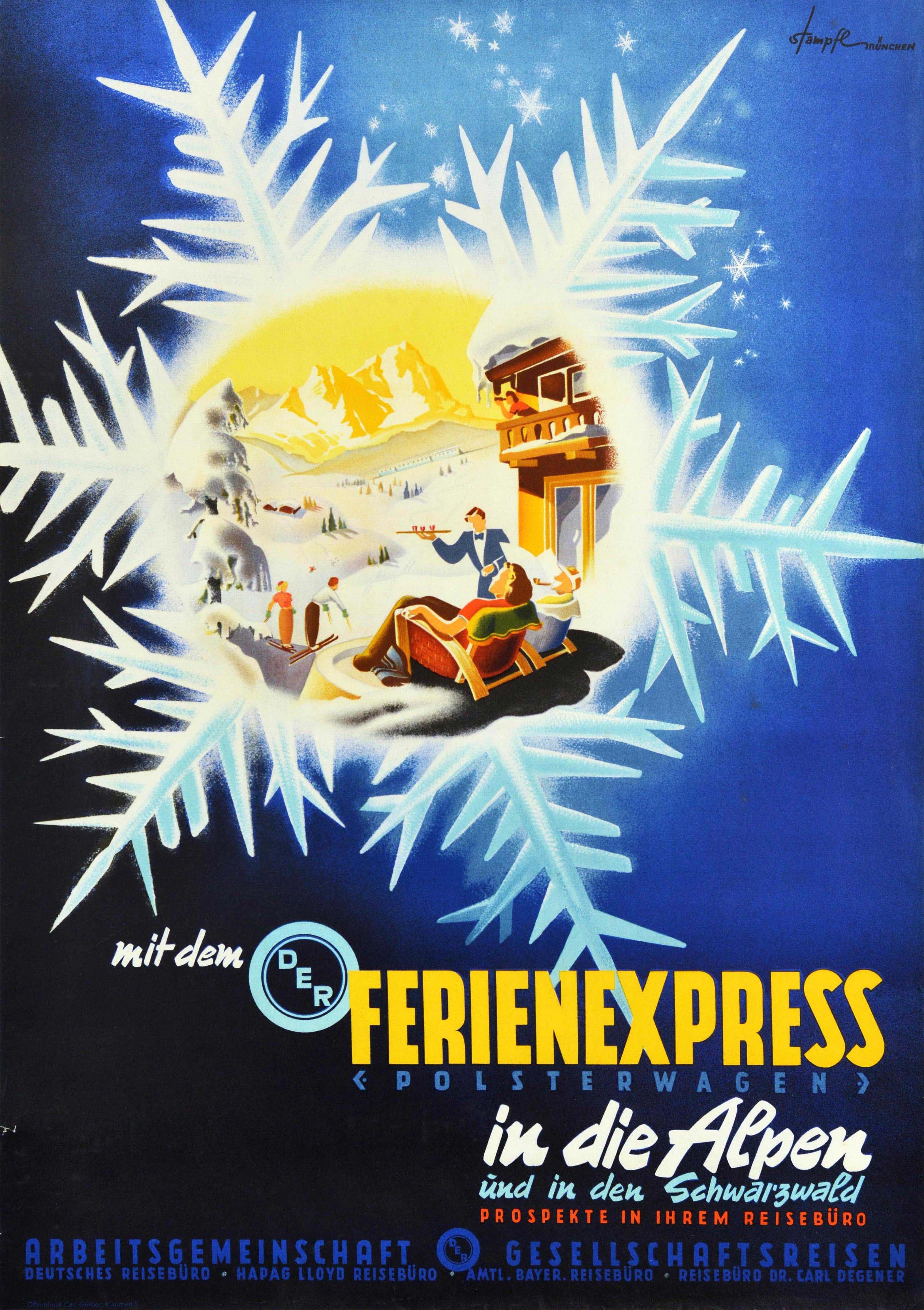Unknown Print - Original Vintage Winter Sport Travel Poster Ski Alps Holiday Express Train Art