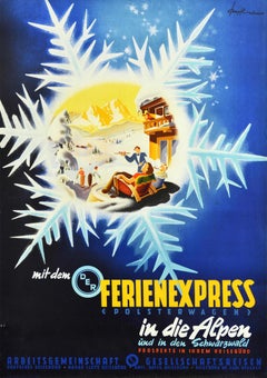Original-Vintage-Wintersport-Reiseplakat Ski Alpen, Holiday Express, Zug, Kunst