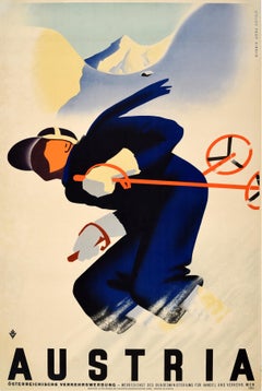 Affiche vintage originale de voyage Ski Autriche Paul Kirnig Art déco