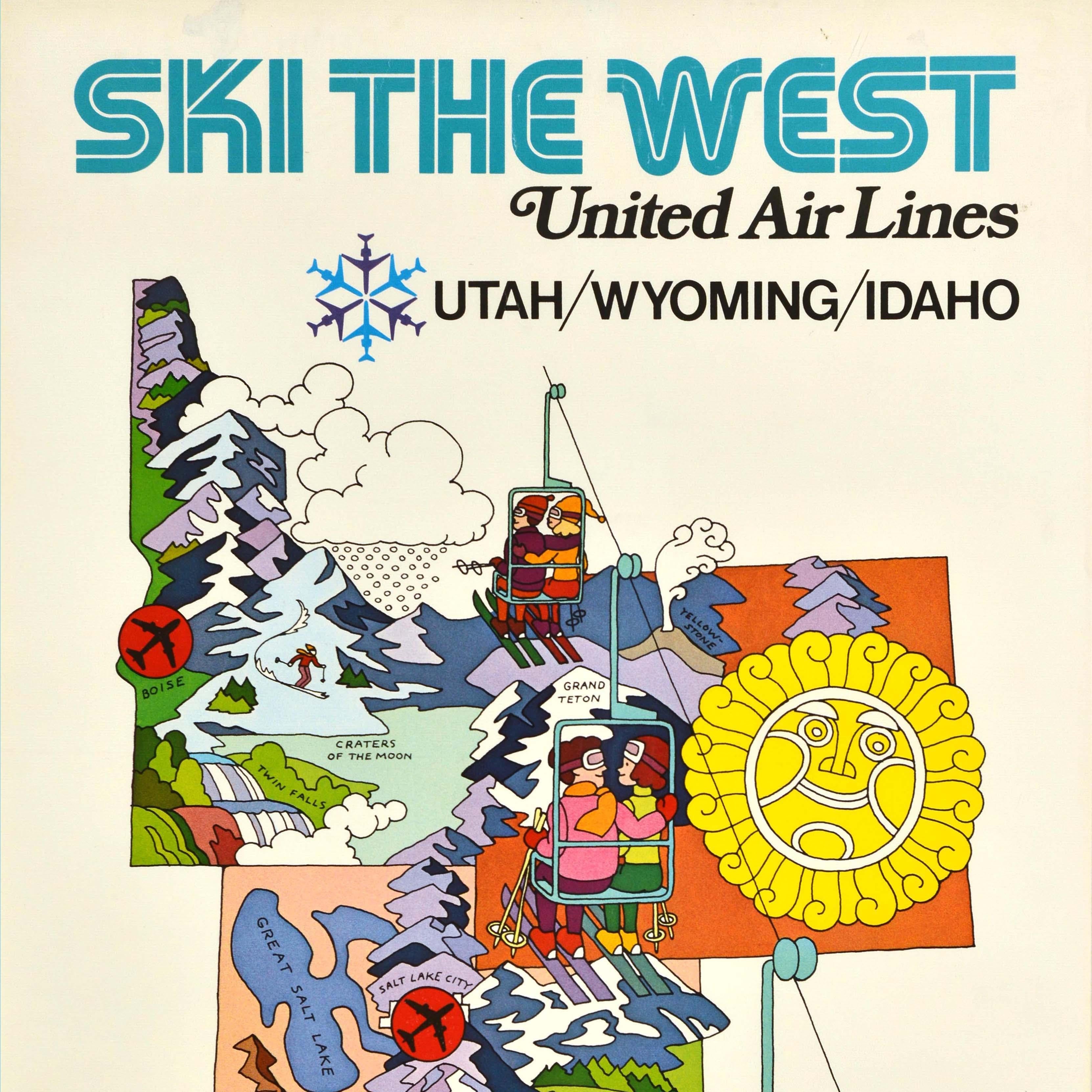 Original vintage winter sport travel poster - Ski The West by United Air Lines Utah Wyoming Idaho Your land is our land - featuring a fun illustration depicting couples on a ski lift going up a mountain with colourful psychedelic style images of