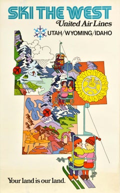 Affiche vintage originale de voyage d'hiver United Air Lines Ski The West USA