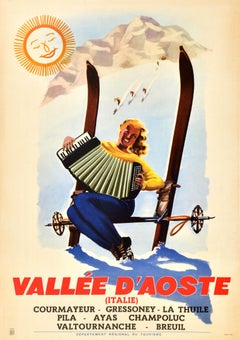 Affiche rétro originale de voyage, Vallee D'Aoste, Italie, Aosta, Ski