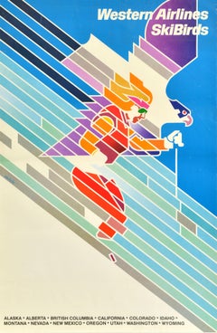 Original Vintage Winter Sport Travel Poster Western Airlines SkiBirds Skiing