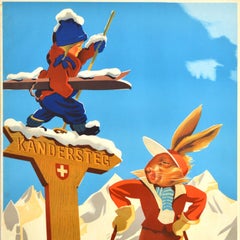 Original Vintage Winter Sports Poster Kandersteg Schweiz Suisse Switzerland Ski