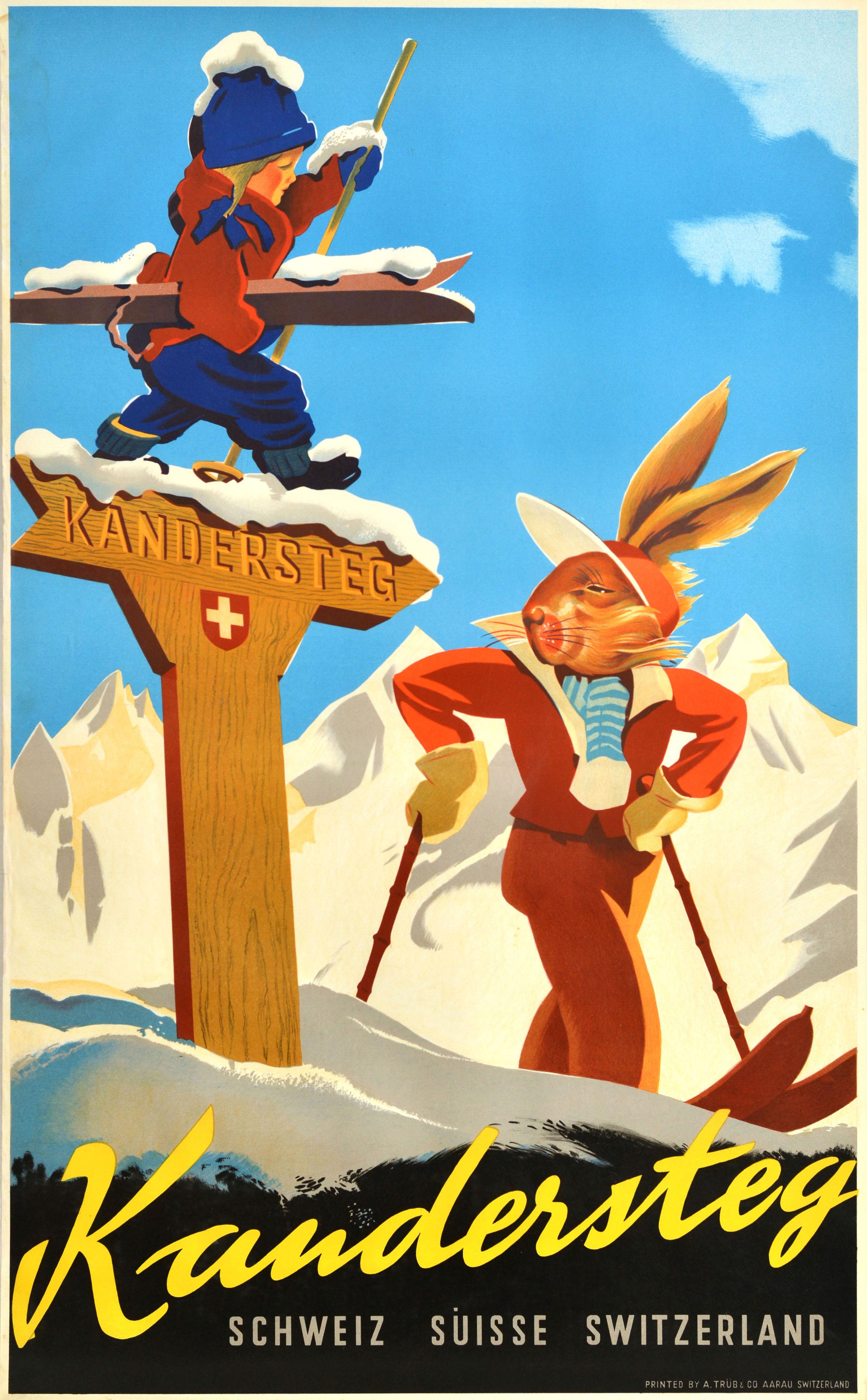Print di Unknown - Poster originale d'epoca sugli sport invernali Kandersteg Svizzera Svizzera Sci