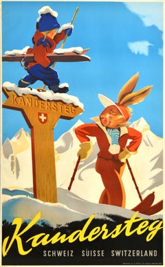 Affiche rétro originale des sports d'hiver Kandersteg Switzerland Suisse Ski
