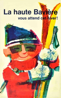 Original Retro Winter Travel Poster La Haute Baviere Upper Bavaria Skiing Art