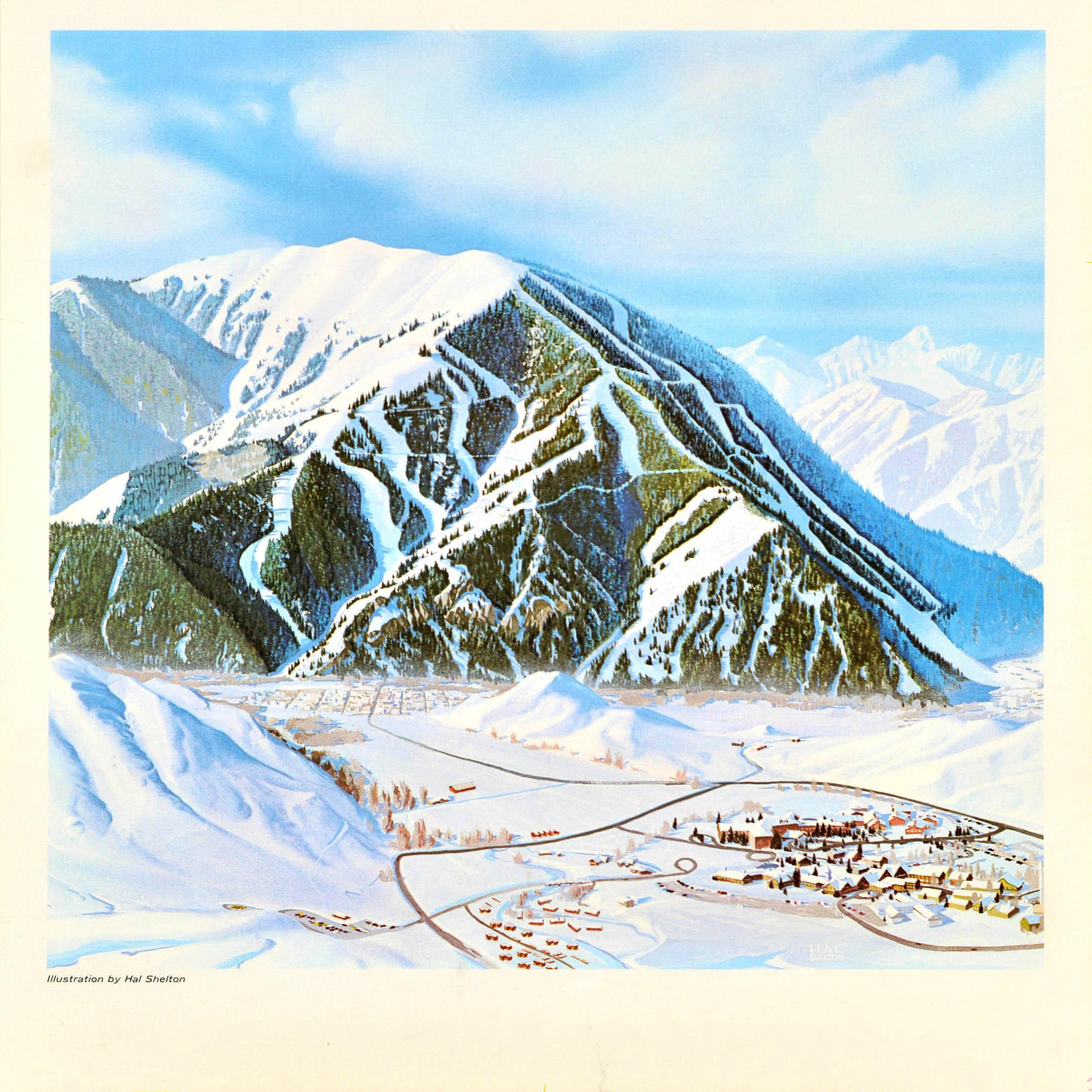 Original-Winterreiseplakat für Sun Valley in Idaho, USA, mit einer Skikartenansicht des schneebedeckten Bald Mountain mit Skipisten zwischen den Bäumen und der alpinen Skistadt (gegründet 1936) im Tal darunter, der Text in fetten stilisierten