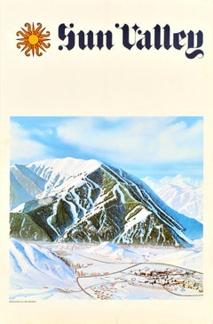 Original Retro Winter Travel Poster Sun Valley Idaho Ski Resort Bald Mountain