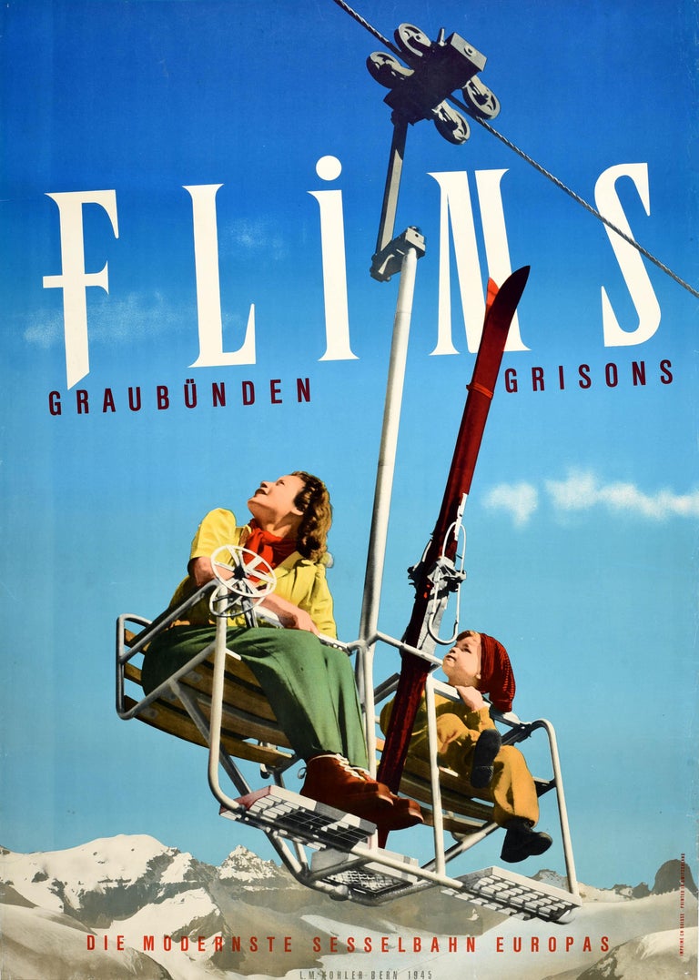 Unknown Original Vintage Winter Travel Ski Poster Flims Graubunden