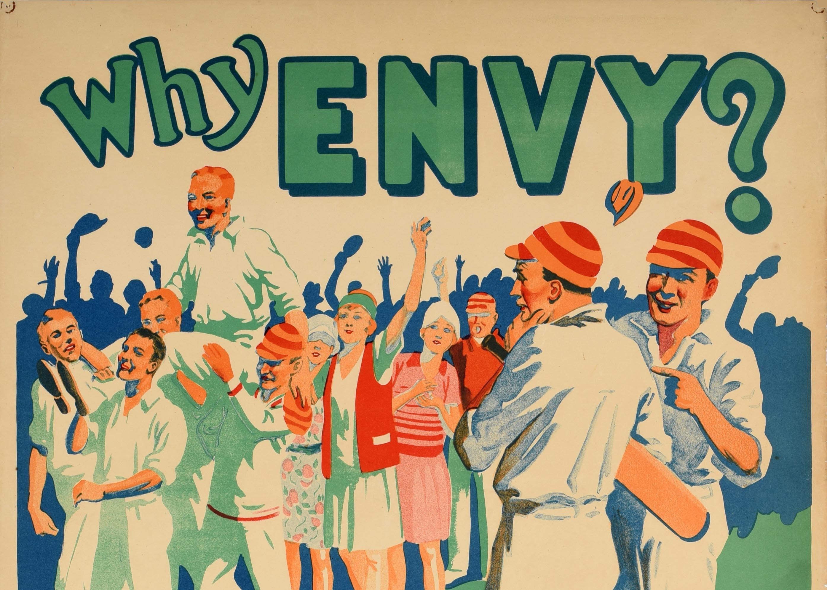 Poster originale d'epoca per la motivazione al lavoro Perché l'invidia Bill Jones Cricket Sport Design - Print di Unknown