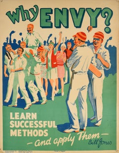 Original Antique Work Motivation Poster Why Envy Bill Jones Cricket Sport Design