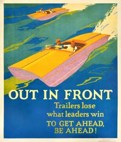 Original Vintage Workplace Motivationsplakat „Out In Front Leaders“, Speed Boat, Vintage