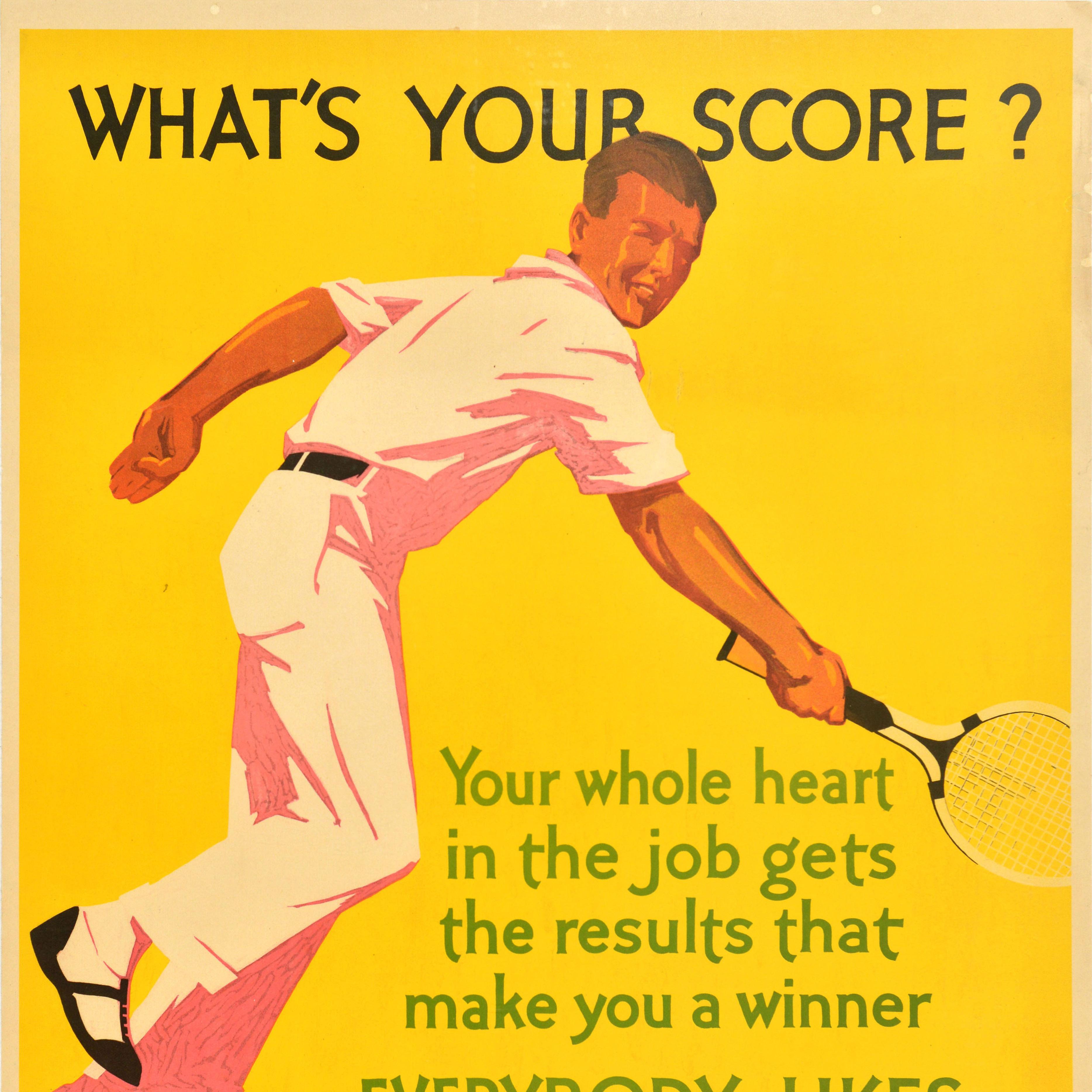 Poster originale d'epoca per la motivazione sul posto di lavoro What's Your Score Tennis Work - Print Giallo di Unknown