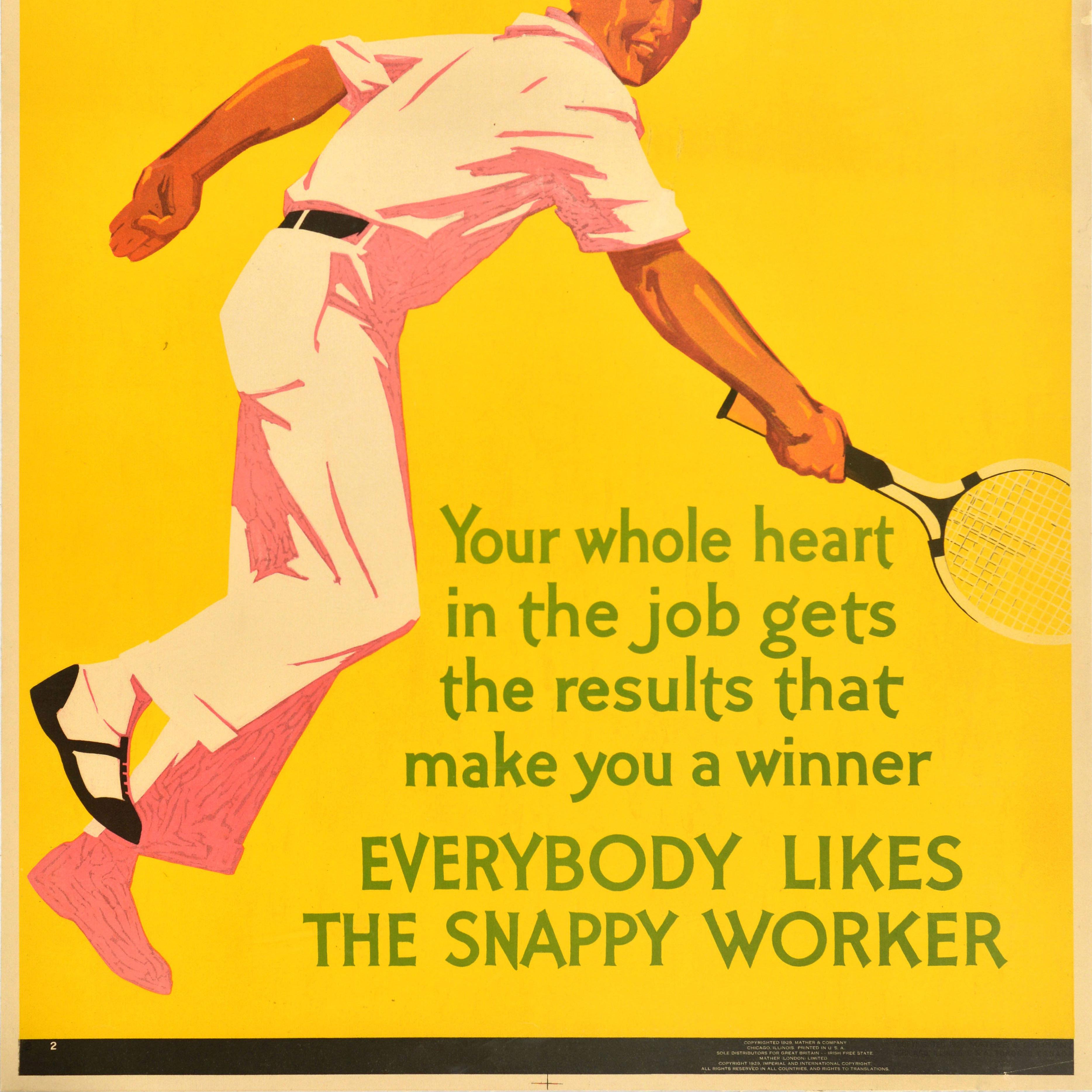 Poster motivazionale d'epoca sul posto di lavoro - Qual è il tuo punteggio? Il tuo impegno nel lavoro porta a risultati che ti rendono vincente A tutti piace il lavoratore scattante - illustrazione sportiva di un signore in bianco che gioca a tennis