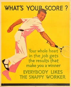 Original Vintage Workplace Motivation Poster What's Your Score Tennis Work