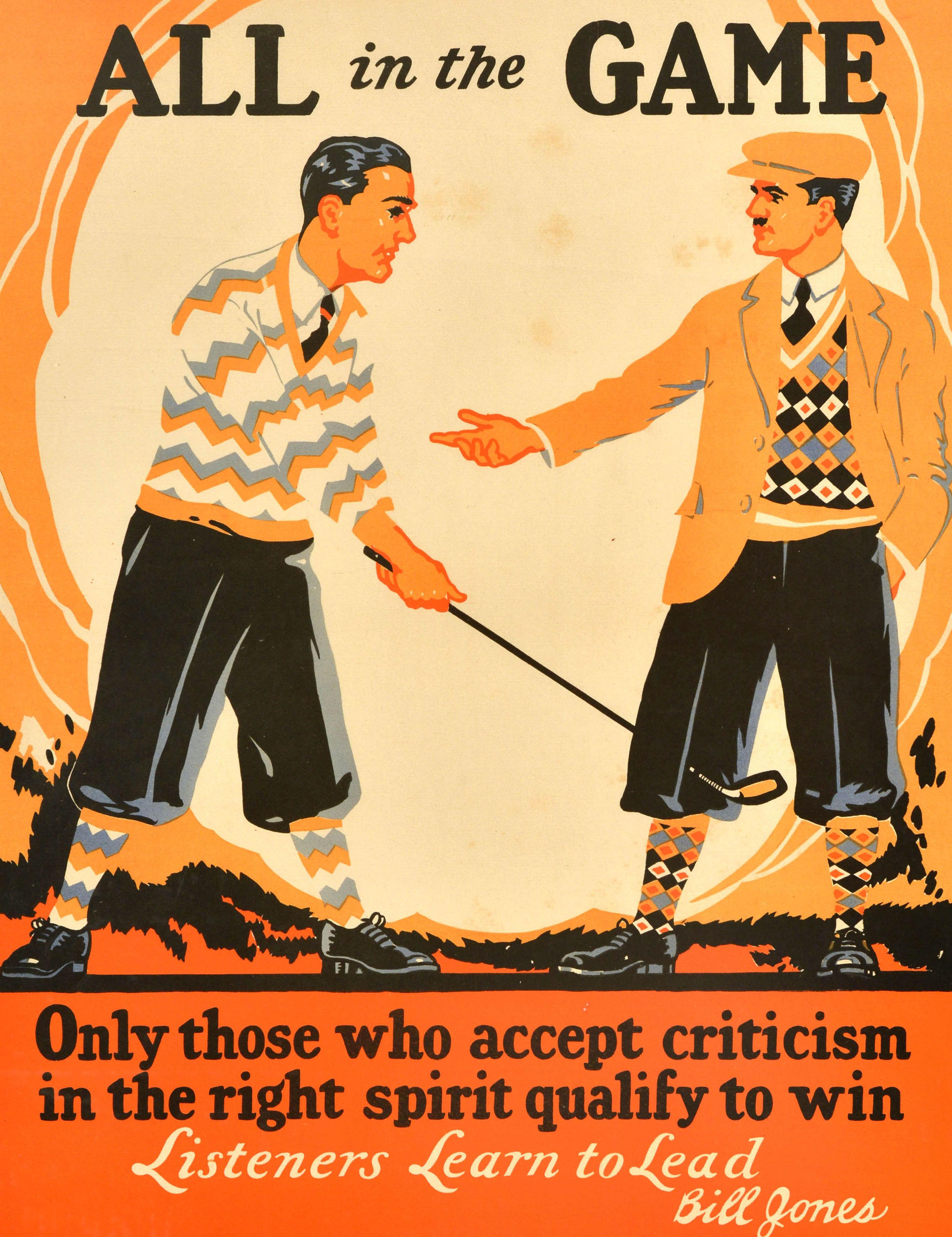 Original vintage workplace motivational poster - All in the Game Only those who accept criticism in the right spirit qualify to win Listeners Learn to Lead Bill Jones - featuring a sport themed illustration of golf players wearing colourful jumpers
