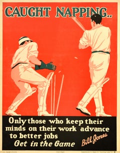 Original Vintage Workplace Motivationsplakat „ Caught Napping Cricket Bill Jones“, Vintage