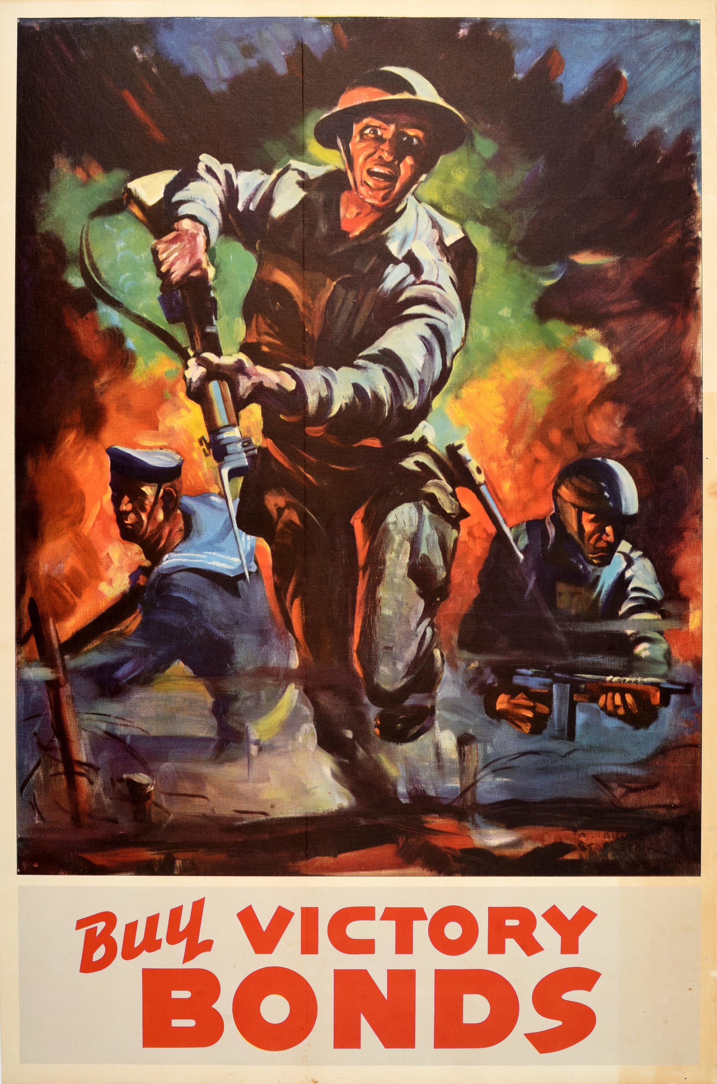 Unknown Print - Original Vintage World War Two Poster Buy Victory Bonds WWII Soldier Sailor Navy