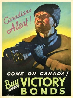 Original Vintage World War Two Poster Canadians Alert Buy Victory Bonds WWII
