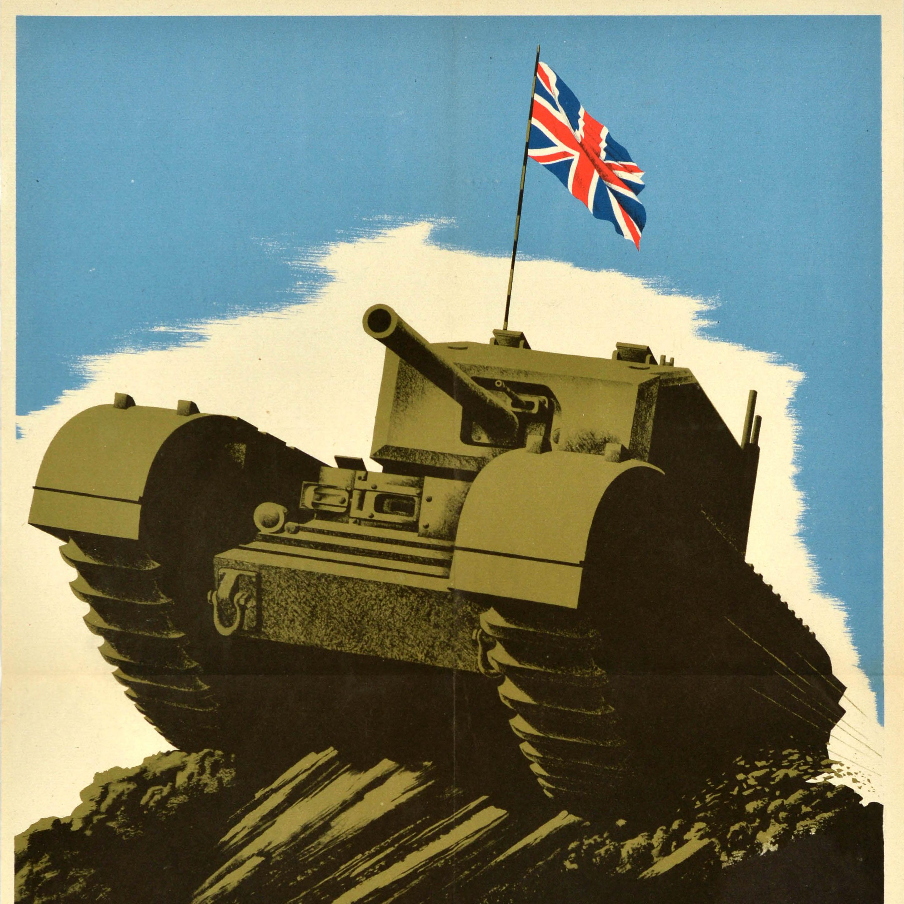 Original Vintage World War Two Poster Great Britain Will Pursue Japan WWII Tank - Black Print by Unknown