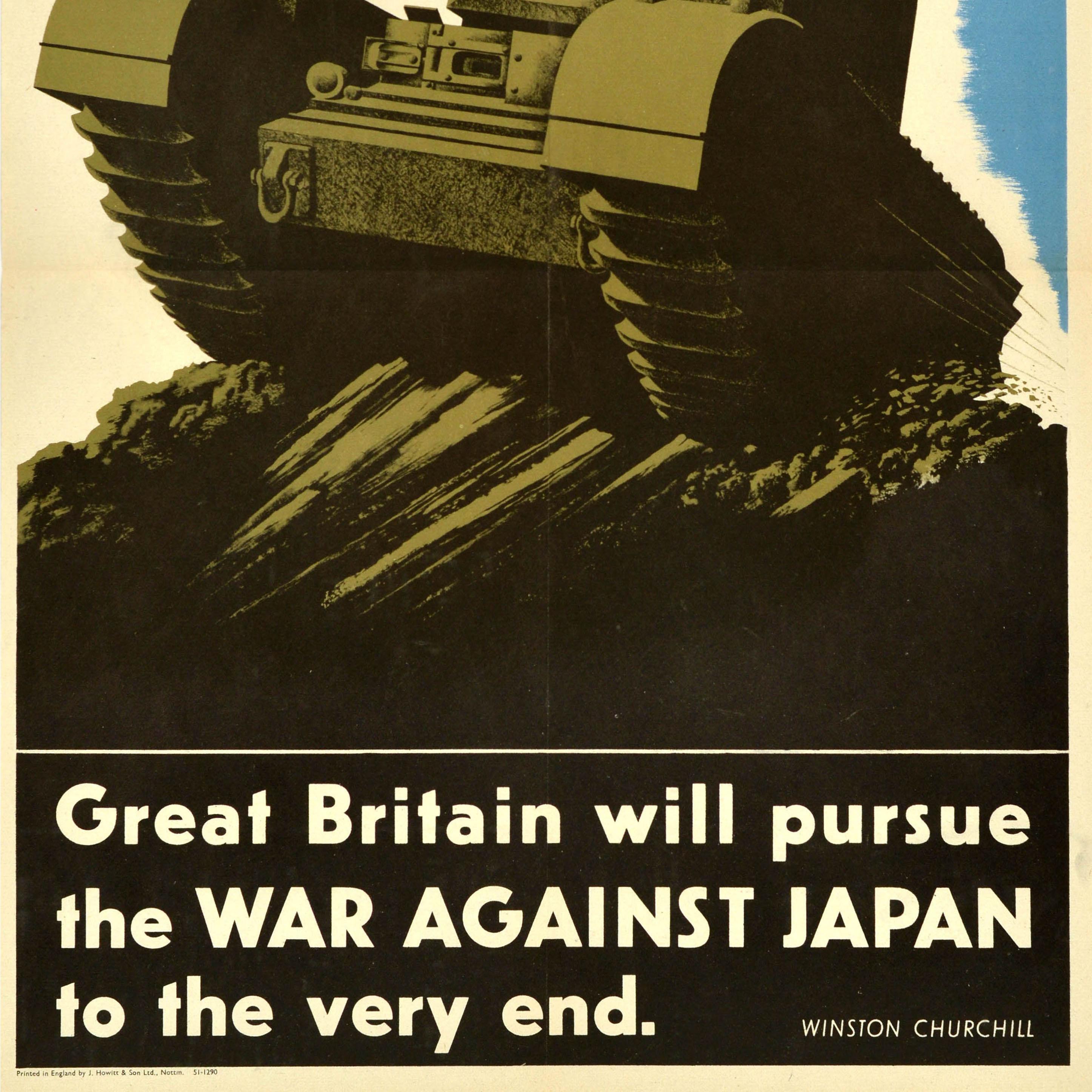 Original vintage World War Two poster featuring an illustration of a military tank driving at speed over a hill with a Union Jack flag of the United Kingdom flying against the blue sky, the title quote by Winston Churchill in bold text on the black