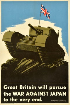 Original Vintage World War Two Poster Great Britain Will Pursue Japan WWII Tank