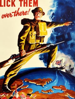 Original Vintage World War Two Poster Lick Them Over There WWII Canada Soldier