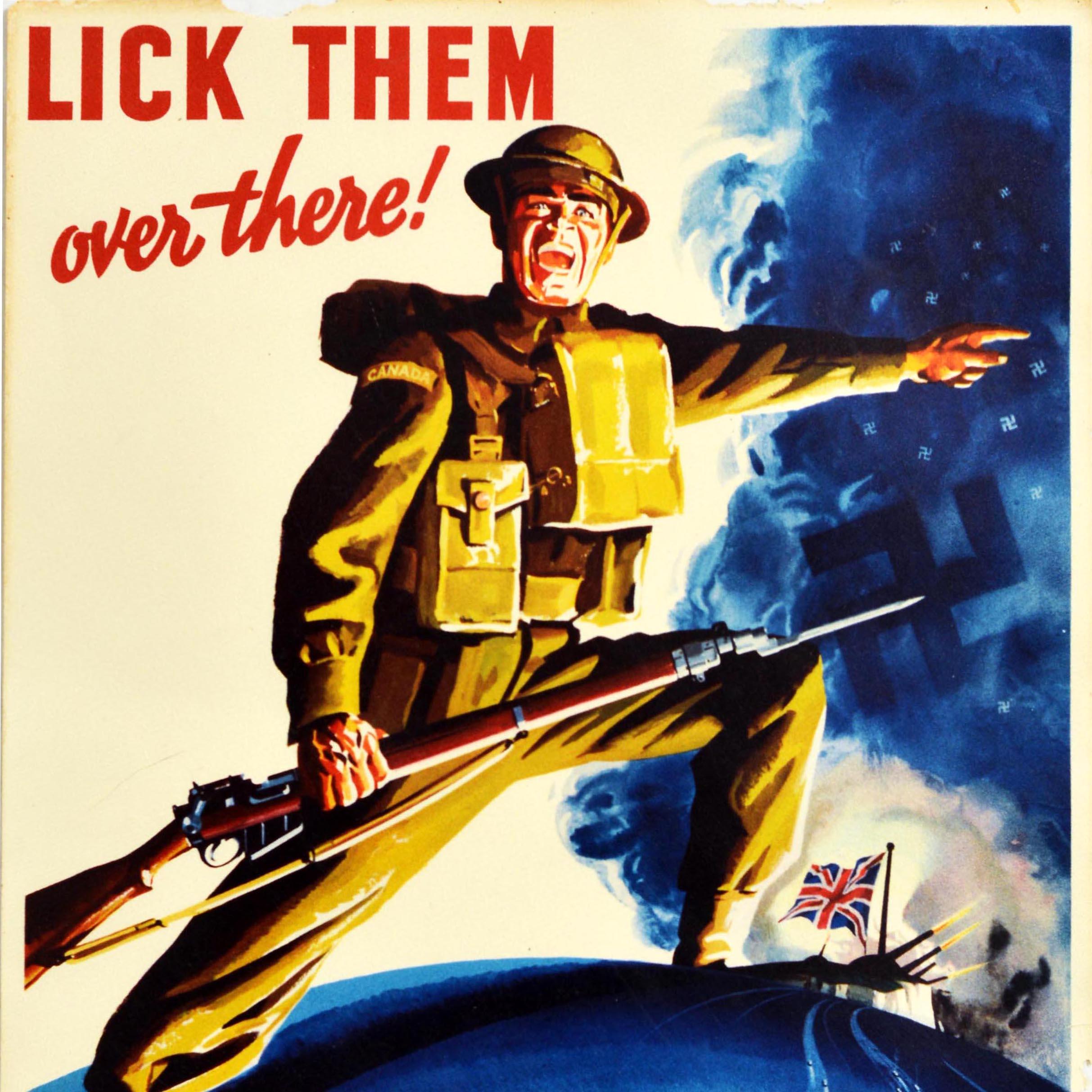 Original Vintage-Poster aus dem Zweiten Weltkrieg, World War Two, „Lick Them Over There“, Kanada, Soldat (Orange), Print, von Unknown