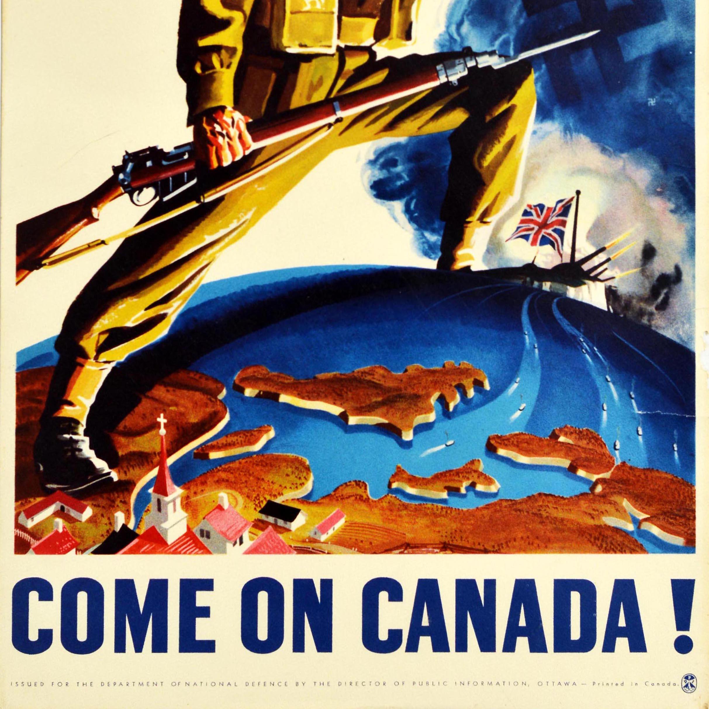 Original vintage World War Two poster - Lick Them Over There! Come On Canada! - featuring a dramatic image depicting soldier in uniform holding a bayonet rifle gun in one hand and looking at the viewer, pointing towards Nazi German Swastika symbols