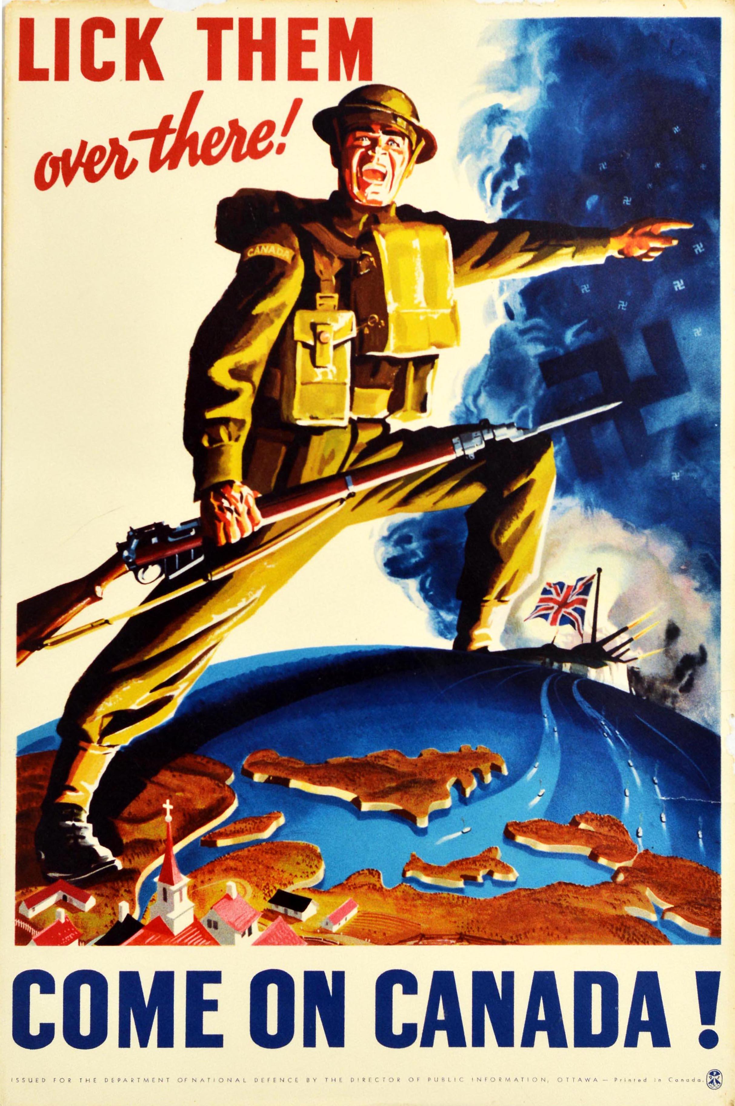 Unknown Print - Original Vintage World War Two Poster Lick Them Over There WWII Canada Soldier