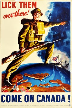 Original Vintage World War Two Poster Lick Them Over There WWII Canada Soldier