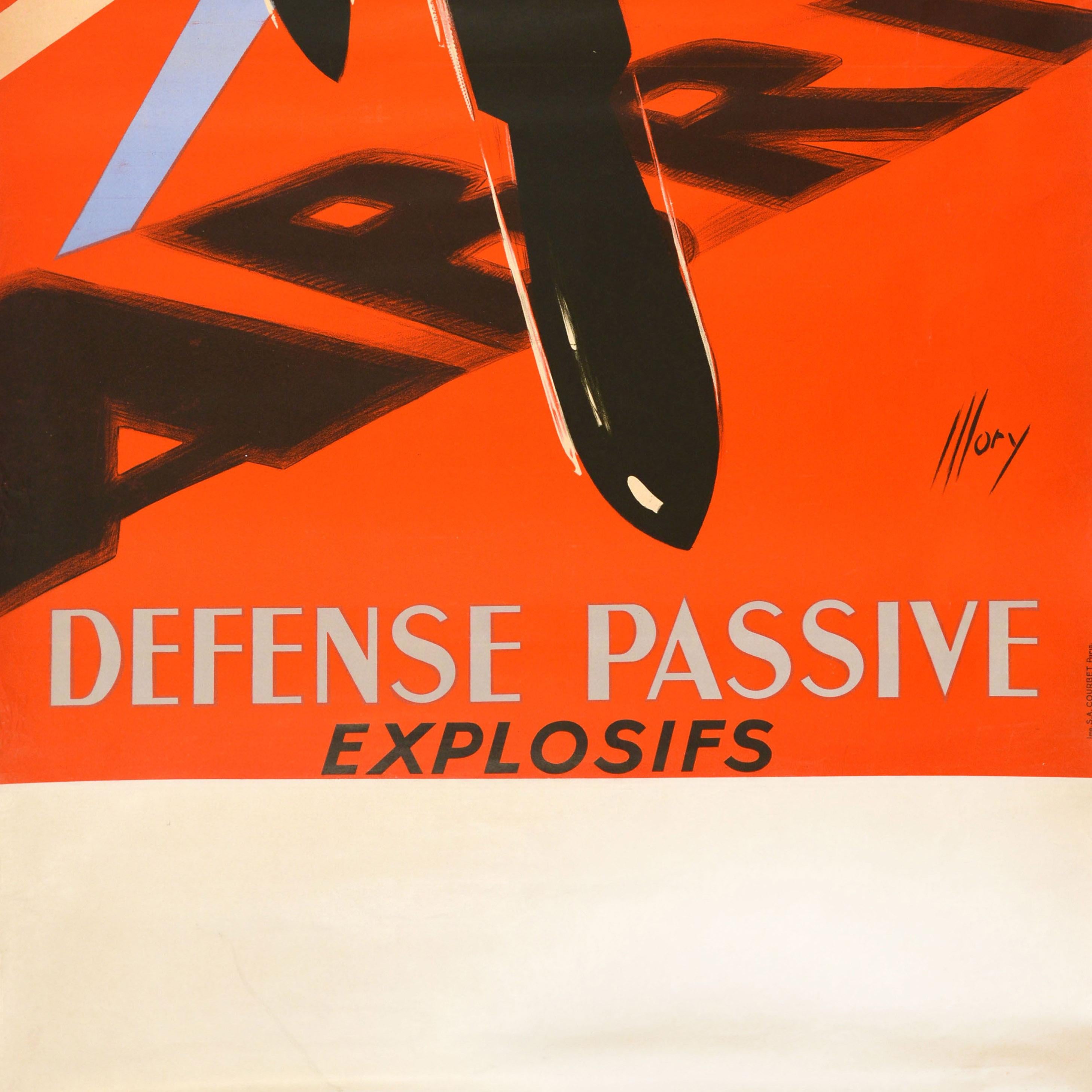 Original vintage World War Two poster - Abri Defense Passive Explosifs / Explosives Passive Defence Shelter - featuring a dynamic design depicting searchlights shining up and bombs flying down from a plane over the word Abri / Shelter in flat