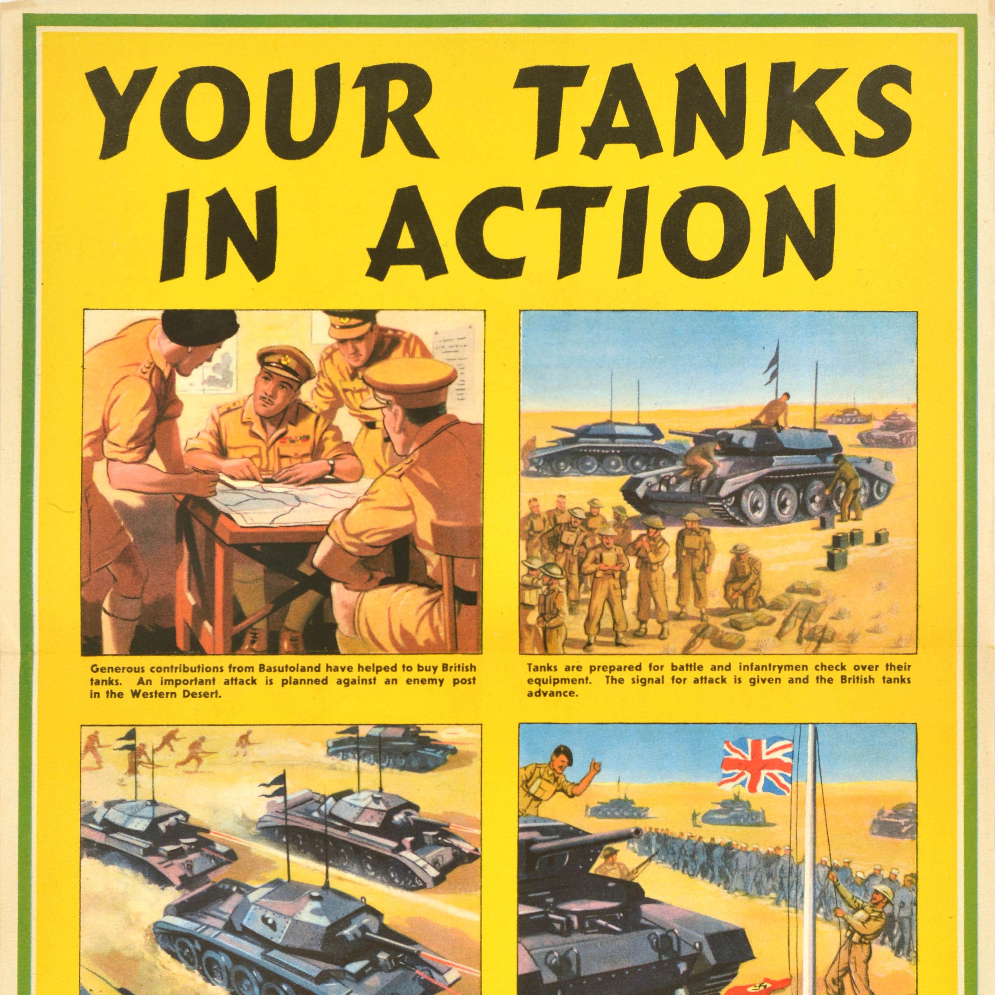 Cartel Vintage Original de la Segunda Guerra Mundial Tus Tanques en Acción Segunda Guerra Mundial Basutolandia - Print Amarillo de Unknown