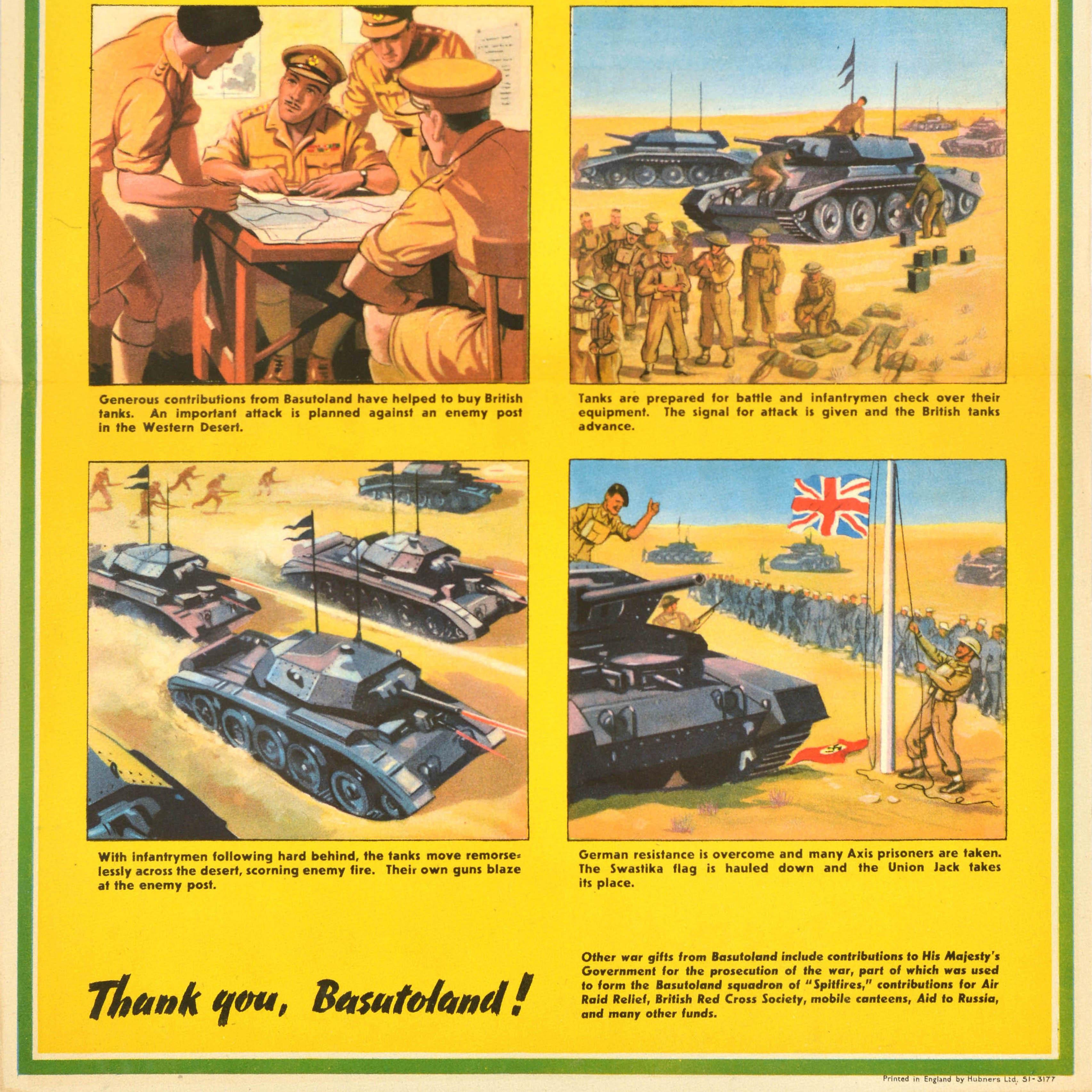 Cartel original de época de la Segunda Guerra Mundial -Tus tanques en acción, gracias Basutolandia- con cuatro ilustraciones militares subtituladas de tanques británicos utilizados para derrotar a las potencias del Eje durante la Campaña del