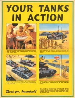 Cartel Vintage Original de la Segunda Guerra Mundial Tus Tanques en Acción Segunda Guerra Mundial Basutolandia