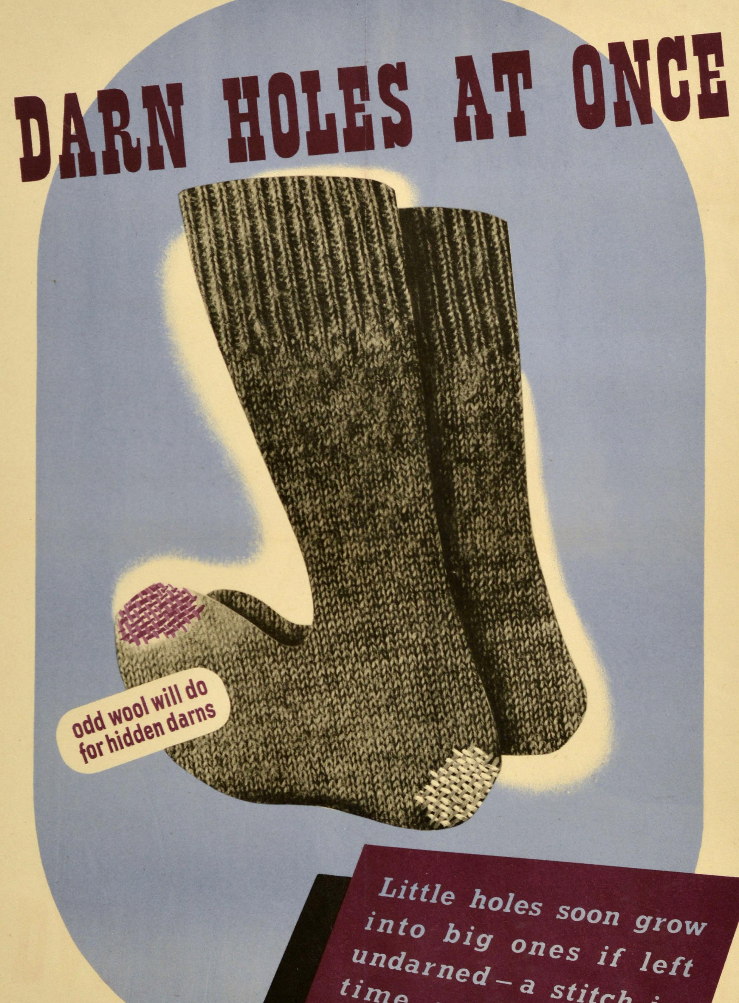 Original Vintage World War Two Propaganda Poster Darn Holes At Once WWII Coupon - Print by Unknown