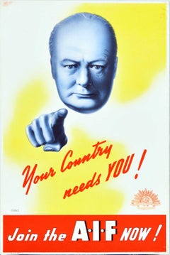 Original Vintage World War Two Recruitment Propaganda Poster Join AIF Churchill