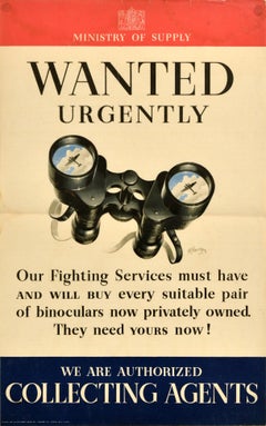 Original Vintage World War Two Supply Poster Binoculars Wanted Urgently WWII