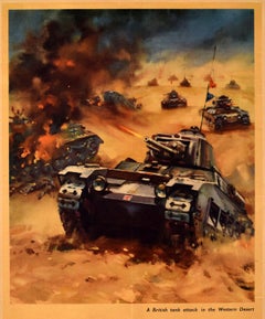 Original Vintage WWI Propaganda Poster Back Them Up Tank Attack Western Desert
