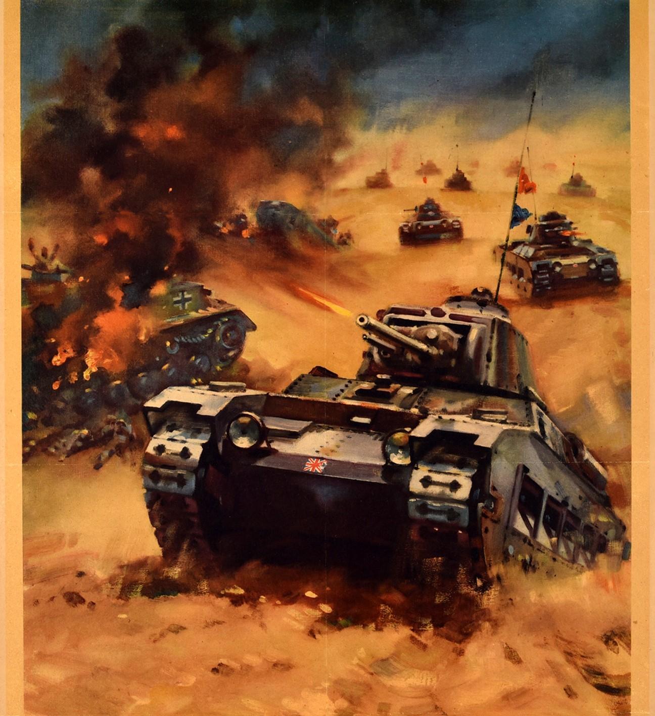 Originales Propagandaposter aus dem Zweiten Weltkrieg - Back them up! Ein britischer Panzerangriff in der westlichen Wüste - mit einer dynamischen Illustration eines Panzers mit britischer Flagge auf der Vorderseite, der einen kleinen sandigen Hügel