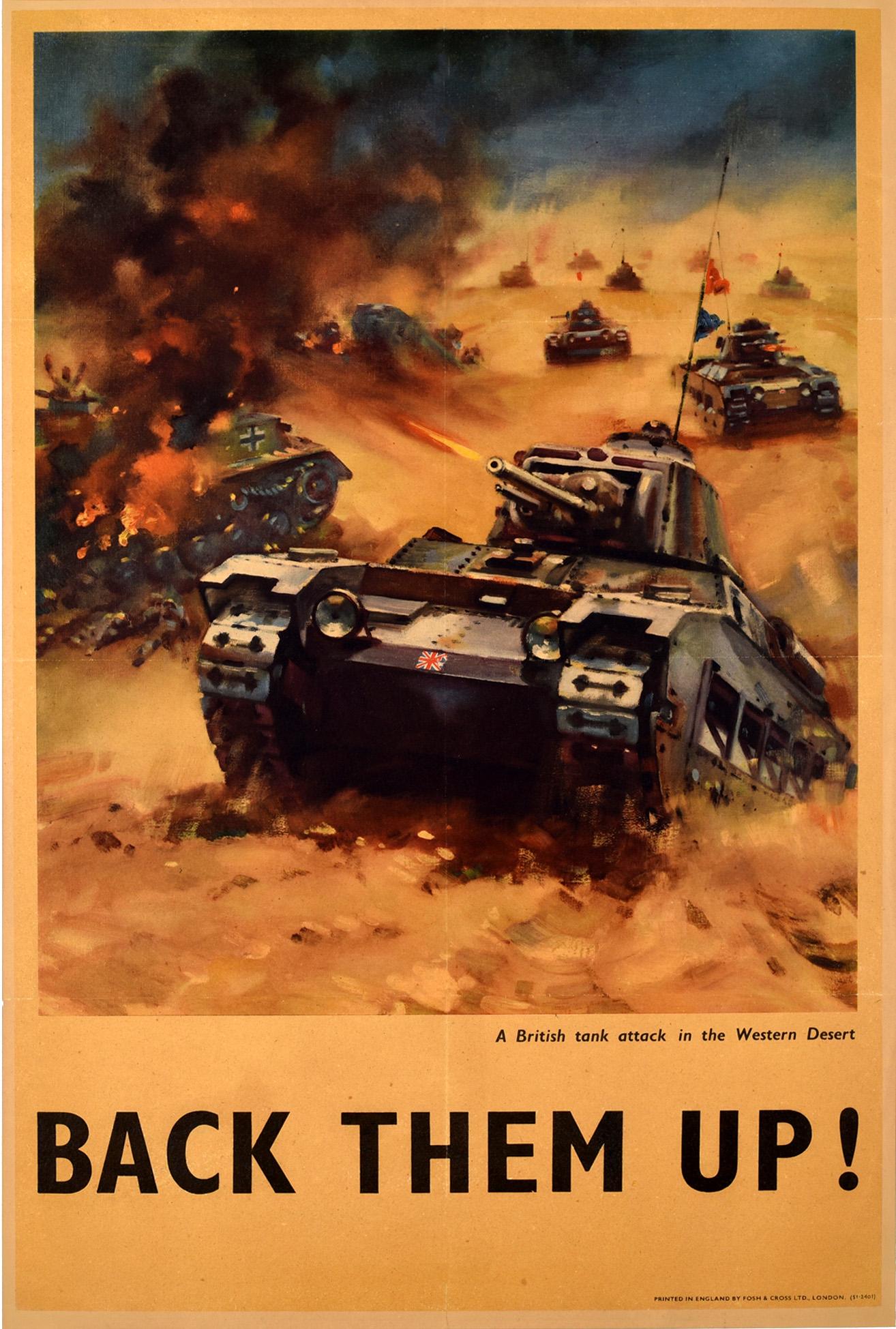 Unknown Print - Original Vintage WWI Propaganda Poster Back Them Up Tank Attack Western Desert