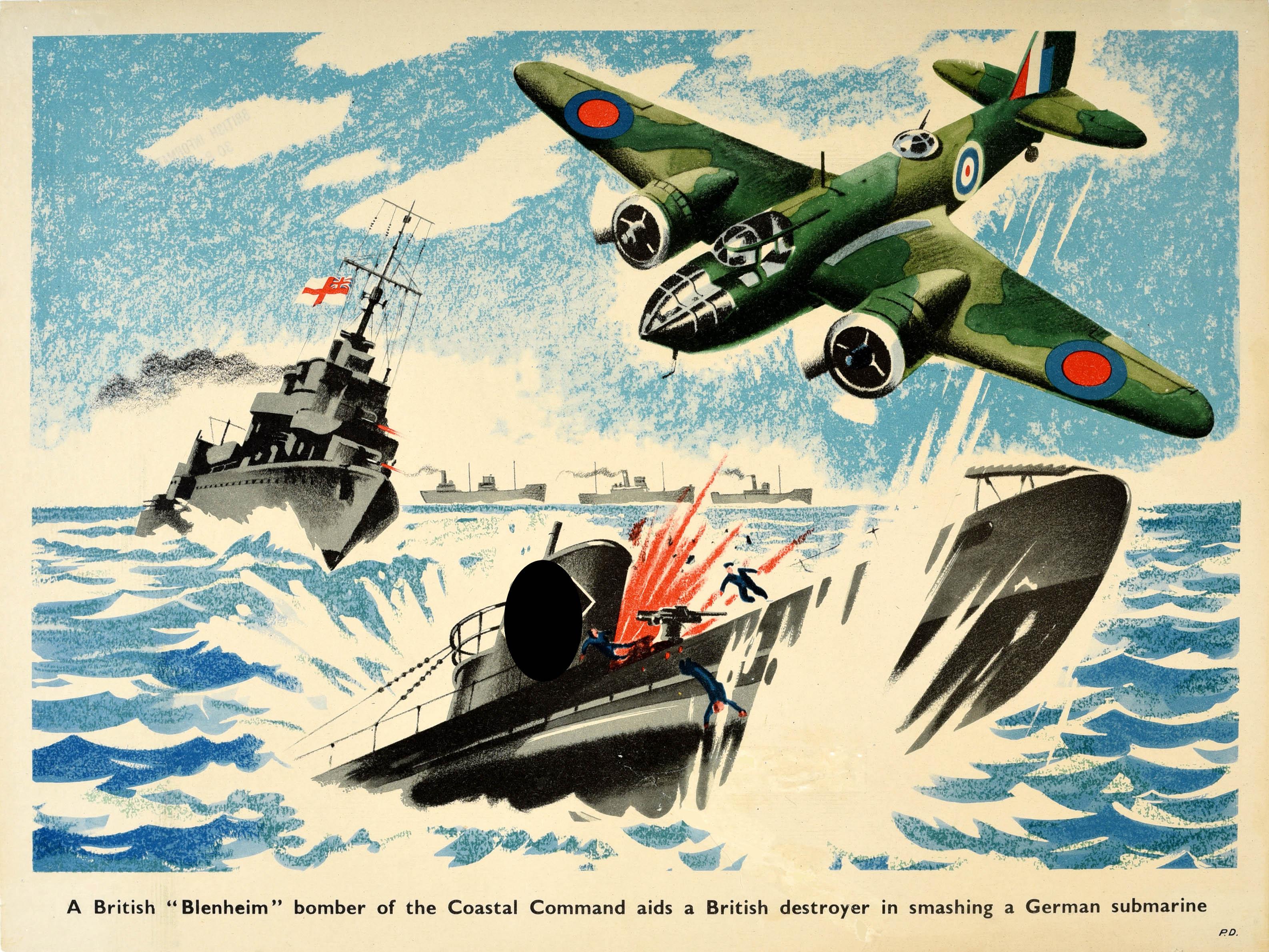 Print Unknown - Affiche de propagande militaire originale de la Seconde Guerre mondiale, Blenheim Bomber Submarine Nazi