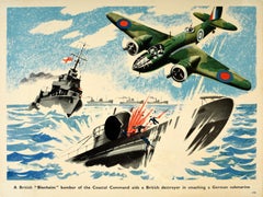 Original Vintage WWII Military Propaganda Poster Blenheim Bomber Submarine Nazi