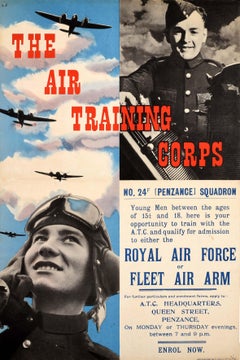 Original Vintage WWII Poster Air Training Corps Royal Air Force Cornwall Recruit