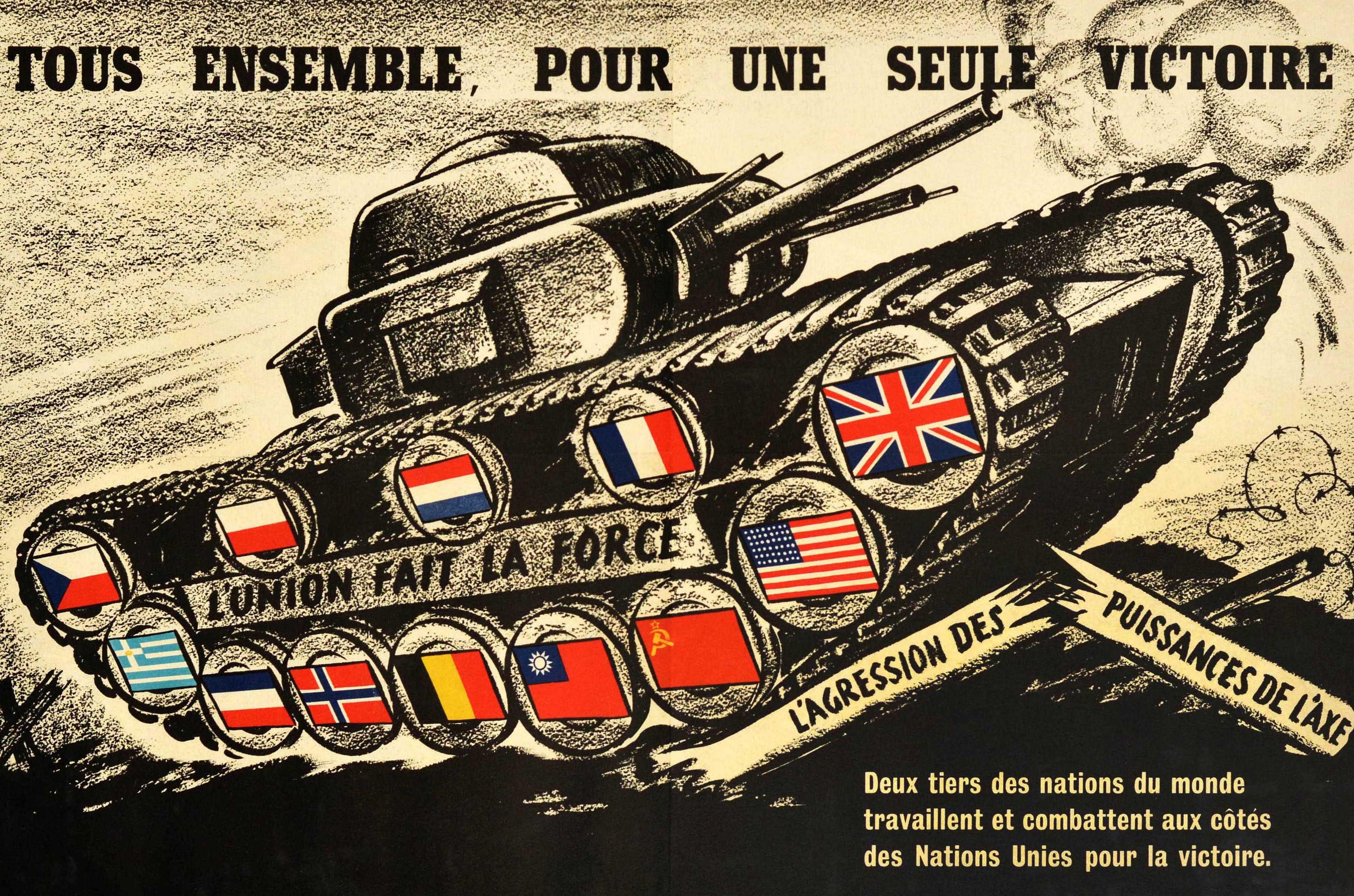 Affiche originale d'époque de la Seconde Guerre mondiale - All Together For One Victory / Tous Ensemble Pour Une Seule Victoire - présentant le dessin dynamique d'un char d'assaut avec les drapeaux des forces alliées autour des roues et portant la
